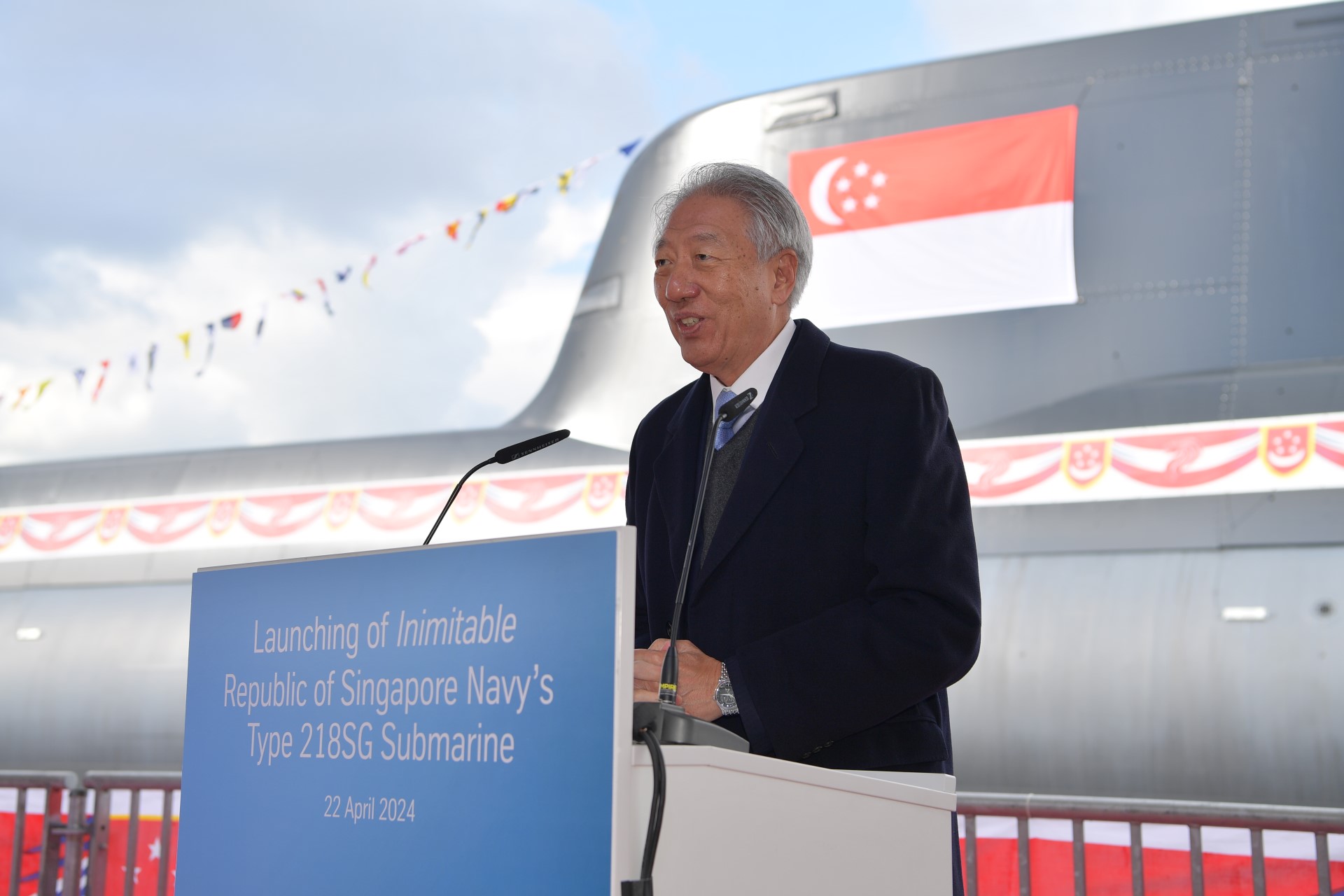 Senior Minister and Coordinating Minister for National Security Teo Chee Hean conducts the launching ceremony of the Singapore Navy's Inimitable Fourth Invincible Class Submarine