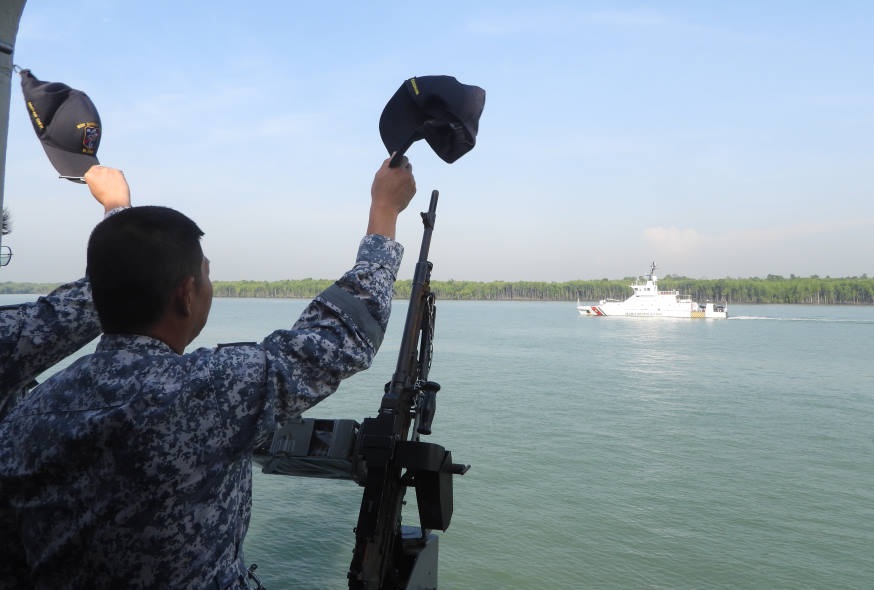 MSRV Guardian conducting a ceremonial sailpast with MMEA's ship, KM Bagan Datuk, as they head towards Port Klang.