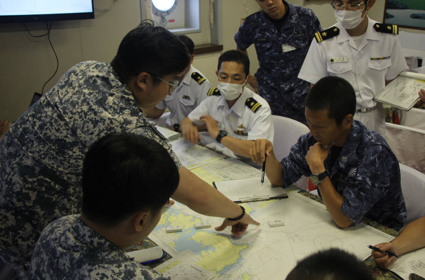 Officers from RSS Bedok, JS Uraga and JS Awaji came together onboard JS Uraga to plan and coordinate the serials to be conducted during the PASSEX.