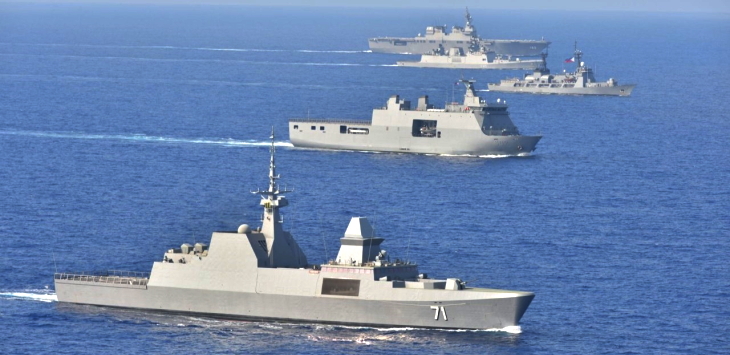 The Republic of Singapore Navy’s Formidable-class frigate RSS Tenacious (foreground) sailing in formation with India, Japan and the Philippines Navies.