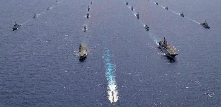 Participants of Ex RIMPAC 2020 sailing in formation. RSS Supreme is on the second column from the left, second ship from the front. Photo courtesy: United States Navy.