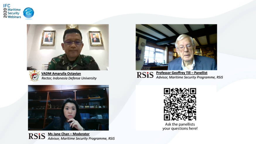 Panel discussion on regional MARSEC developments with Dr Geoffrey Till – Advisor, Maritime Security Studies Program, RSIS (top right), and VADM Amarulla Octavian – Rector, Indonesia Defense University (top left).