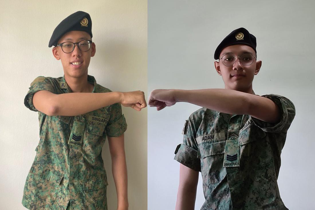 Fist bump, virtually! 3SG Wong Shyan-Yong (left) and 3SG Adam Bin Mohamed Razali (right)