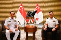 Chief of Republic of Singapore Navy Rear Admiral (RADM) Sean Wat (right) with Vice Chief (WAKASAL) of Indonesian Navy (TNI AL) Vice Admiral (VADM) Erwin Aldedharma (left)