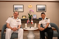 Chief of Staff - Naval Staff (COS-NS) of Republic of Singapore Navy Rear Admiral (RADM) Augustine Lim (right) with Director Develop and Controller of the Royal Navy Rear Admiral (RADM) James Parkin (left)