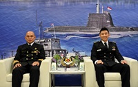 Chief of Staff - Naval Staff (COS-NS) of Republic of Singapore Navy Rear Admiral (RADM) Augustine Lim (right) with Head Inspectorate of Royal Brunei Navy Captain (CAPT) Haji Norbahrin bin Haji Muamad (left)