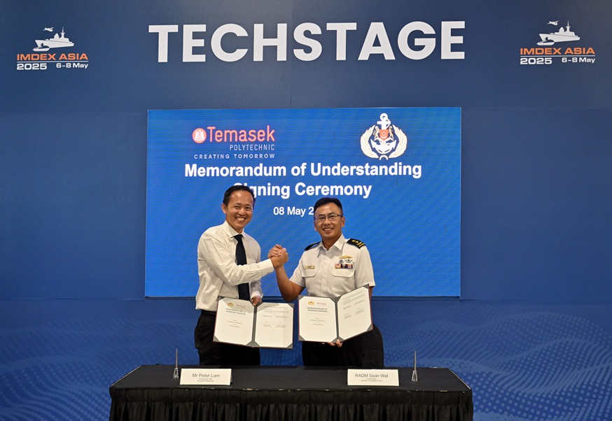 The MOU was signed by RSN Chief of Navy RADM Sean Wat (right) and the Principal / Chief Executive Officer of TP Mr Peter Lam.