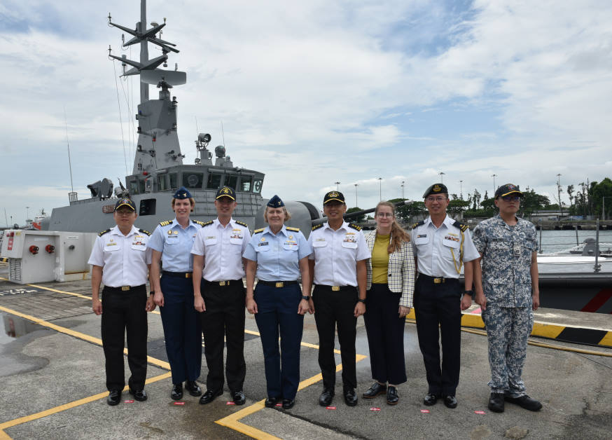 ADM Fagan (fourth from left) and RADM Wat (fifth from left) with MSRV Bastion in the background.