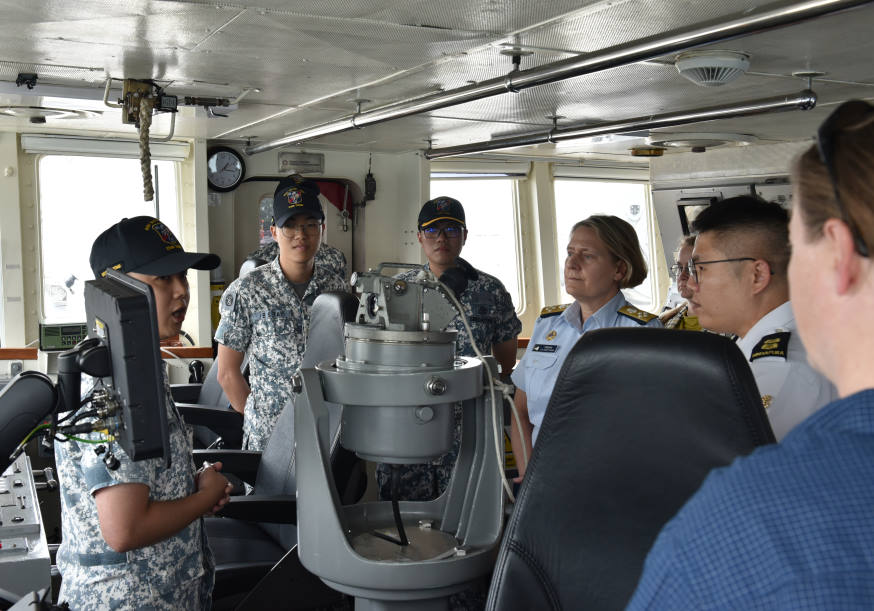 Operations Officer, MSRV Bastion CPT Ostyn Heng briefing ADM Fagan about the operations and capabilities of the ship.