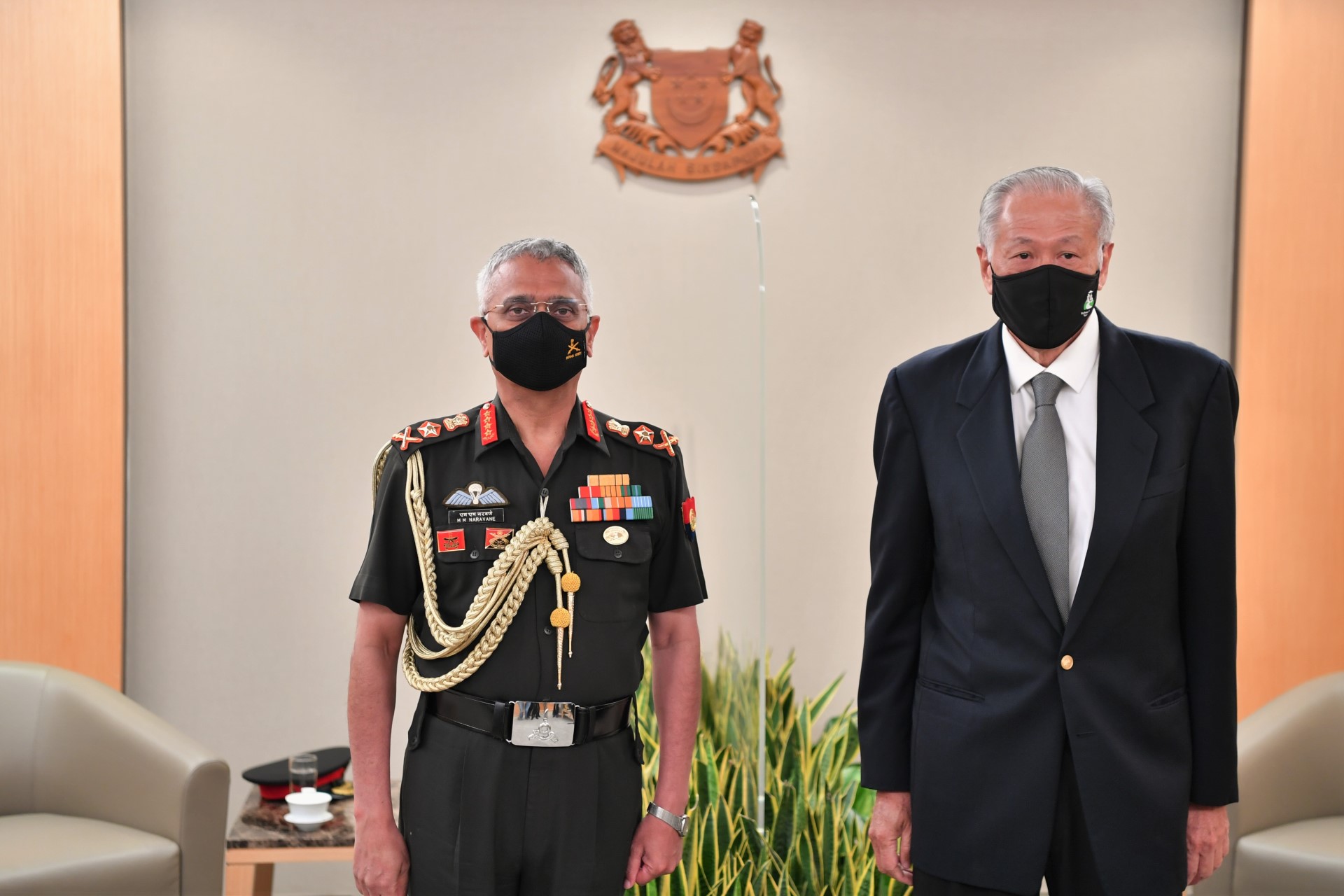India Chief of the Army Staff General (GEN) Manoj Mukund Naravane calling on Minister for Defence Dr Ng Eng Hen at the Ministry of Defence (MINDEF) this morning.