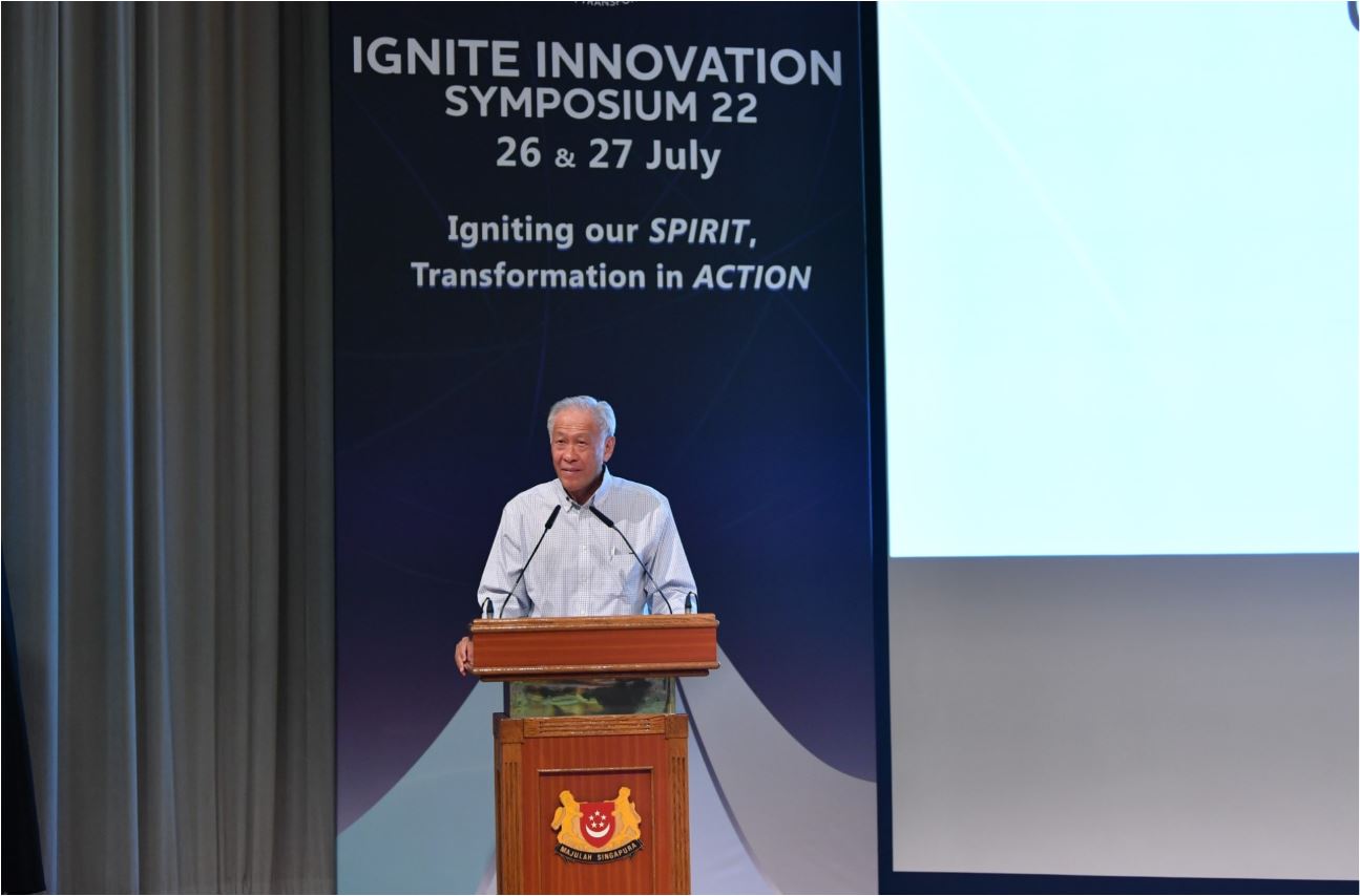 Minister for Defence Dr Ng Eng Hen delivering the opening address at MINDEF's IGNITE Innovation Symposium Awards Presentation Ceremony 2022.