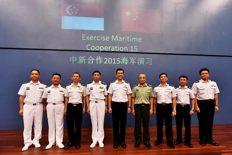 RSN Fleet Commander Colonel Lew Chuen Hong (centre) and PLA(N) Commander South Sea Fleet Rear Admiral (RADM) Shen Jinlong (fourth from left) at the Opening Ceremony of Exercise Maritime Cooperation 2015, together with senior commanders from both navies.