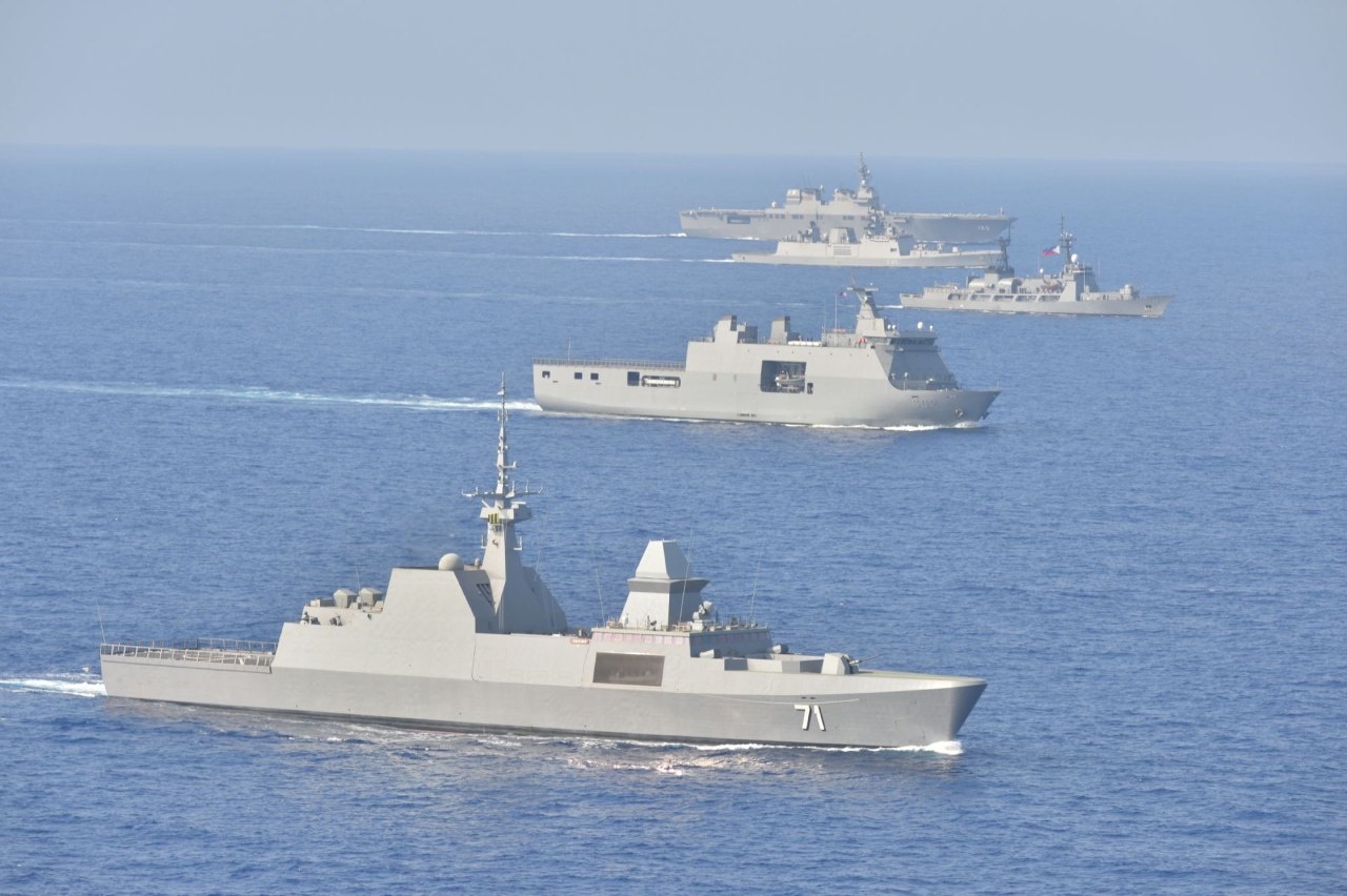 The Republic of Singapore Navy’s Formidable-class frigate RSS Tenacious (foreground) sailing in formation with India, Japan and the Philippines Navies.
