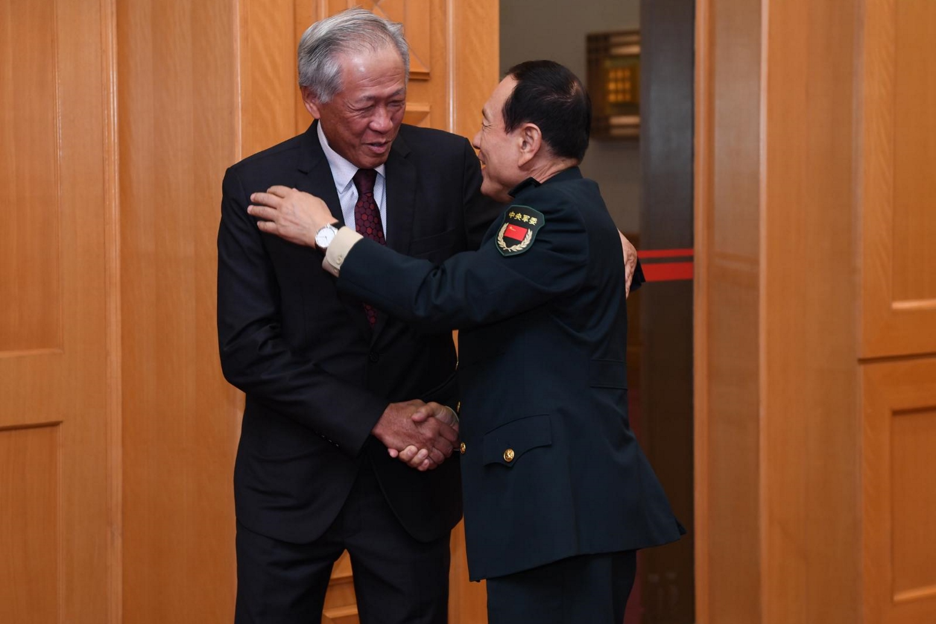 Minister for Defence Dr Ng Eng Hen (left) and Chinese State Councilor and Minister for National Defense General Wei Fenghe (right).