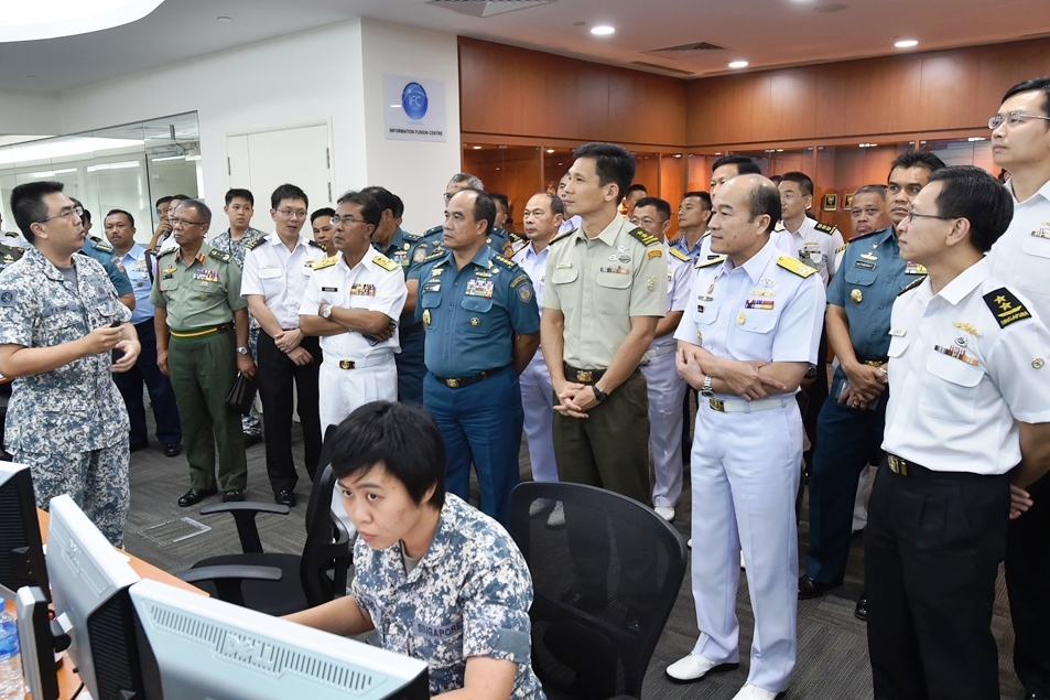 The Chiefs of Navy of Indonesia, Singapore and Thailand, Malaysia's Deputy Chief of Navy, and Singapore's Chief of Defence Force observing the MSP exercise at the Information Fusion Centre.
