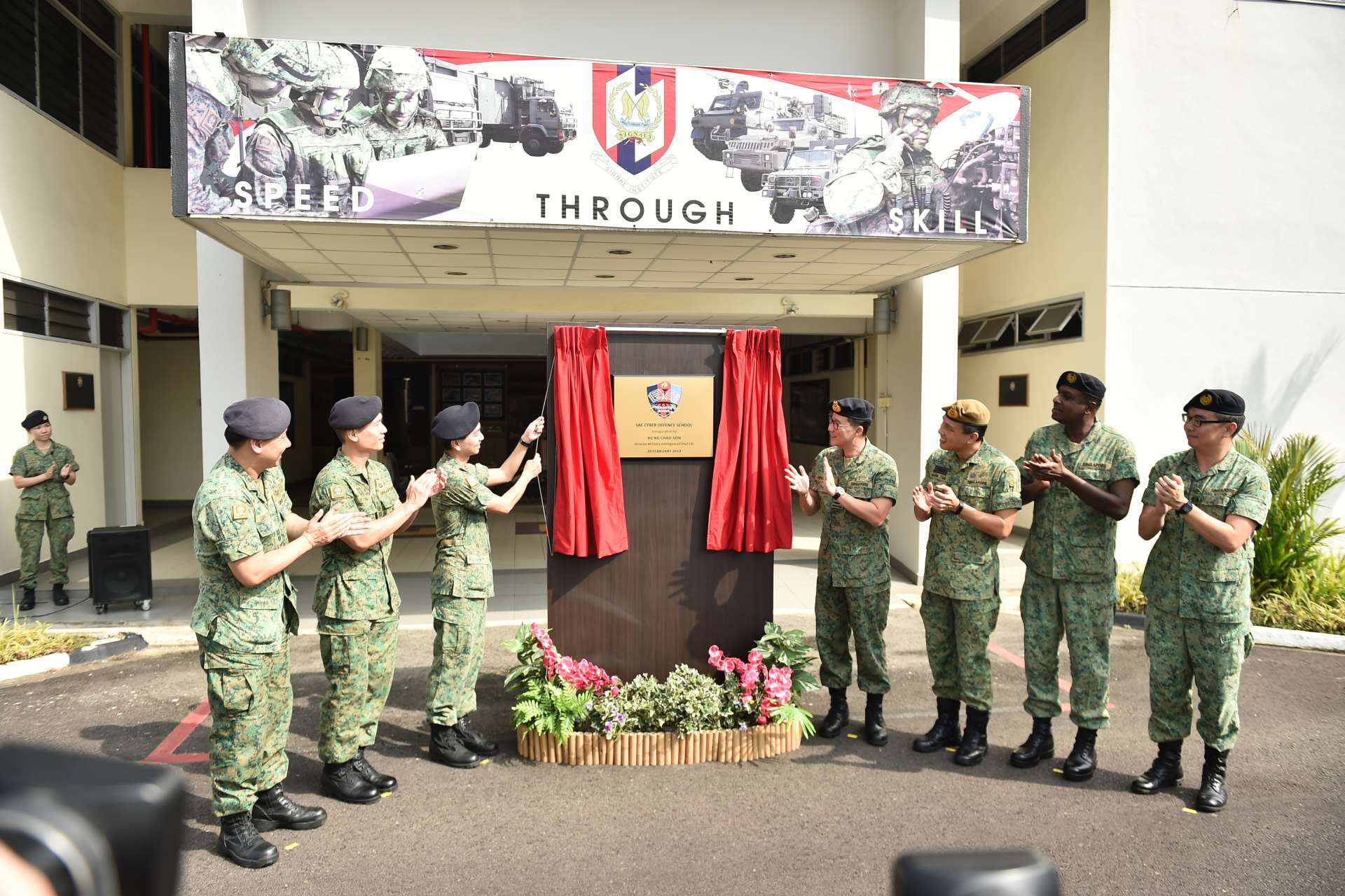 Director Military Intelligence and C4I BG Ng (third from left) opening the Cyber Defence School this morning, accompanied by Commander C4 Command BG Goh (fourth from right) and Director Cyber Policy and Plans Directorate BG Tan (third from right).