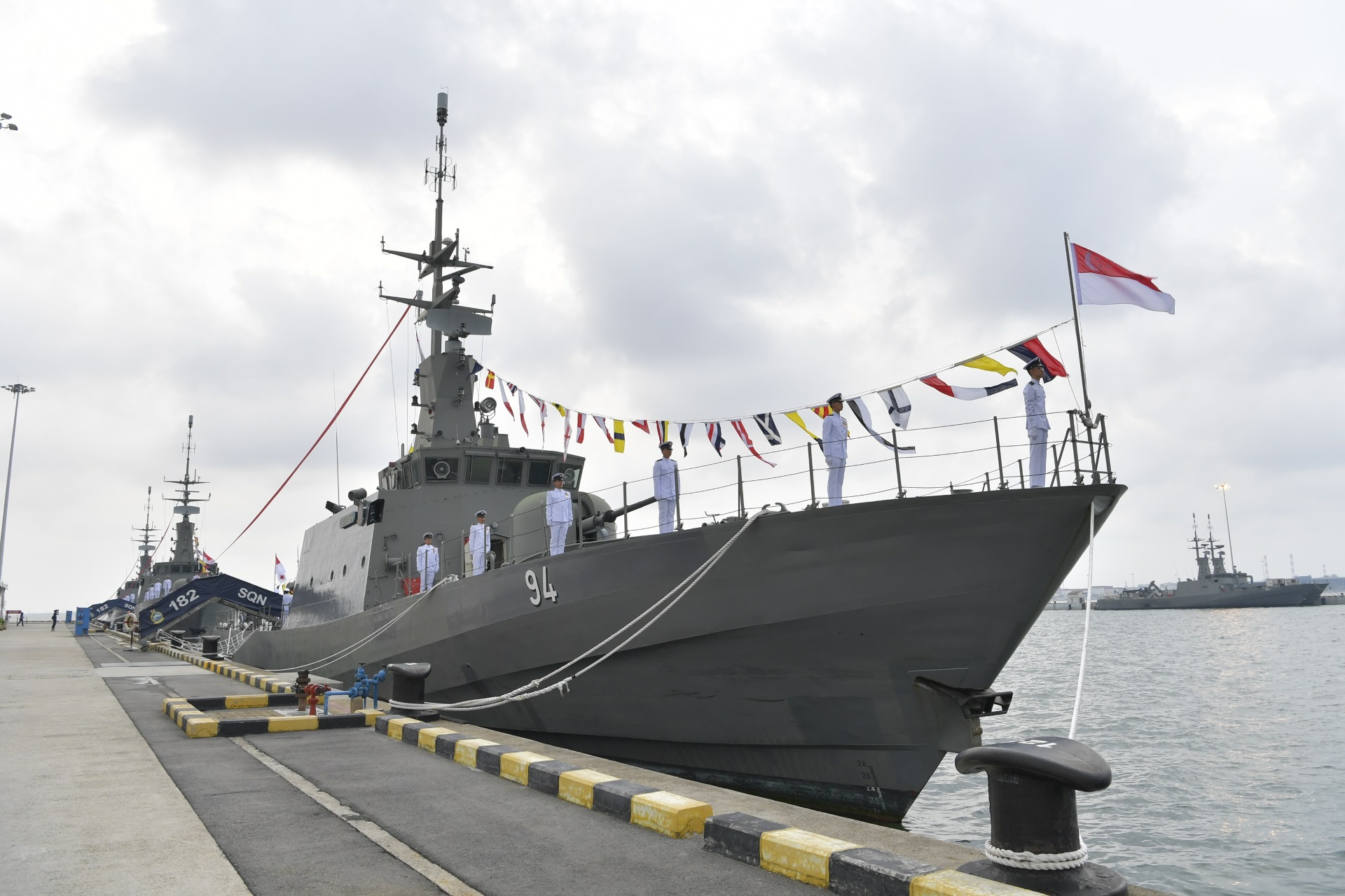 Republic of Singapore Navy Patrol Vessels RSS Fearless (foreground), RSS Brave (middle) and RSS Dauntless (background -left) at the decommissioning ceremony in Tuas Naval Base.