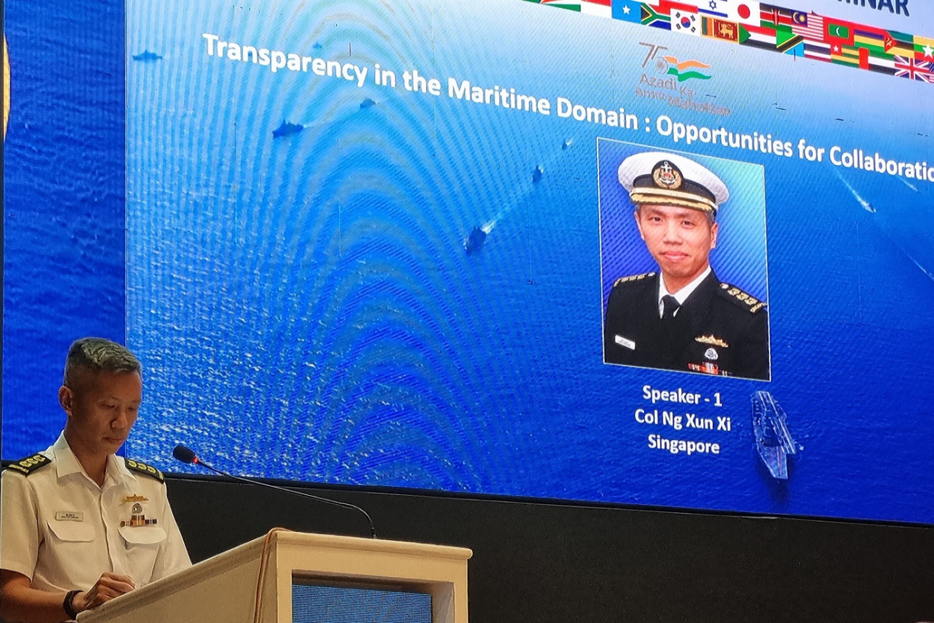 Deputy Fleet Commander, Colonel Ng Xun Xi, delivering his speech on the topic "Transparency in the Maritime Domain: Opportunities for Collaboration and Partnerships" during the International Maritime Seminar.