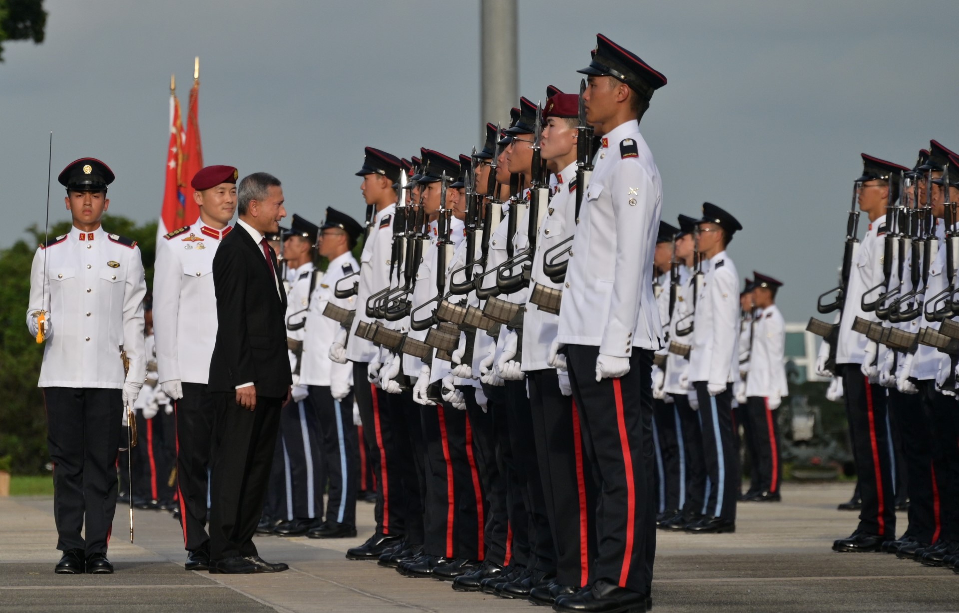 Minister for Foreign Affairs Dr Vivian Balakrishnan reviewing the contingents at the 126th Officer Cadet Commissioning Parade this evening.