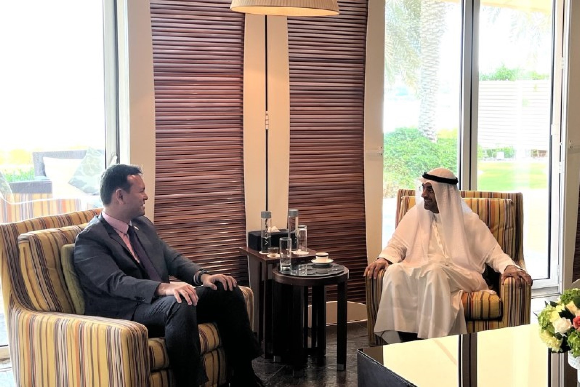 Mr Zaqy (left) meeting Secretary General of the Gulf Cooperation Council Dr Nayef Falah Al-Hajraf (right).