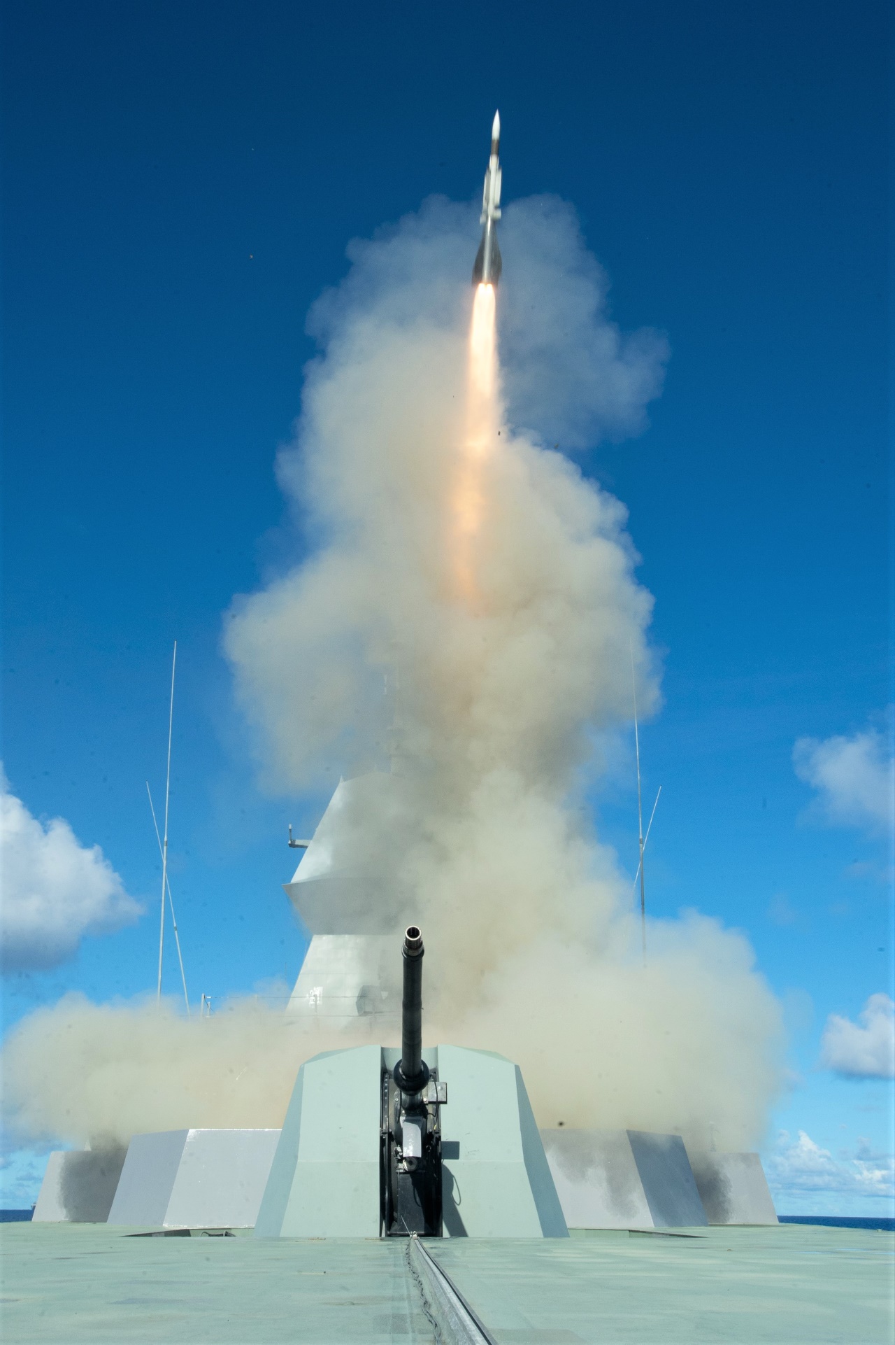 RSN frigate RSS Formidable firing an Aster surface-to-air missile in the waters off Guam during Ex Pacific Griffin 2019.