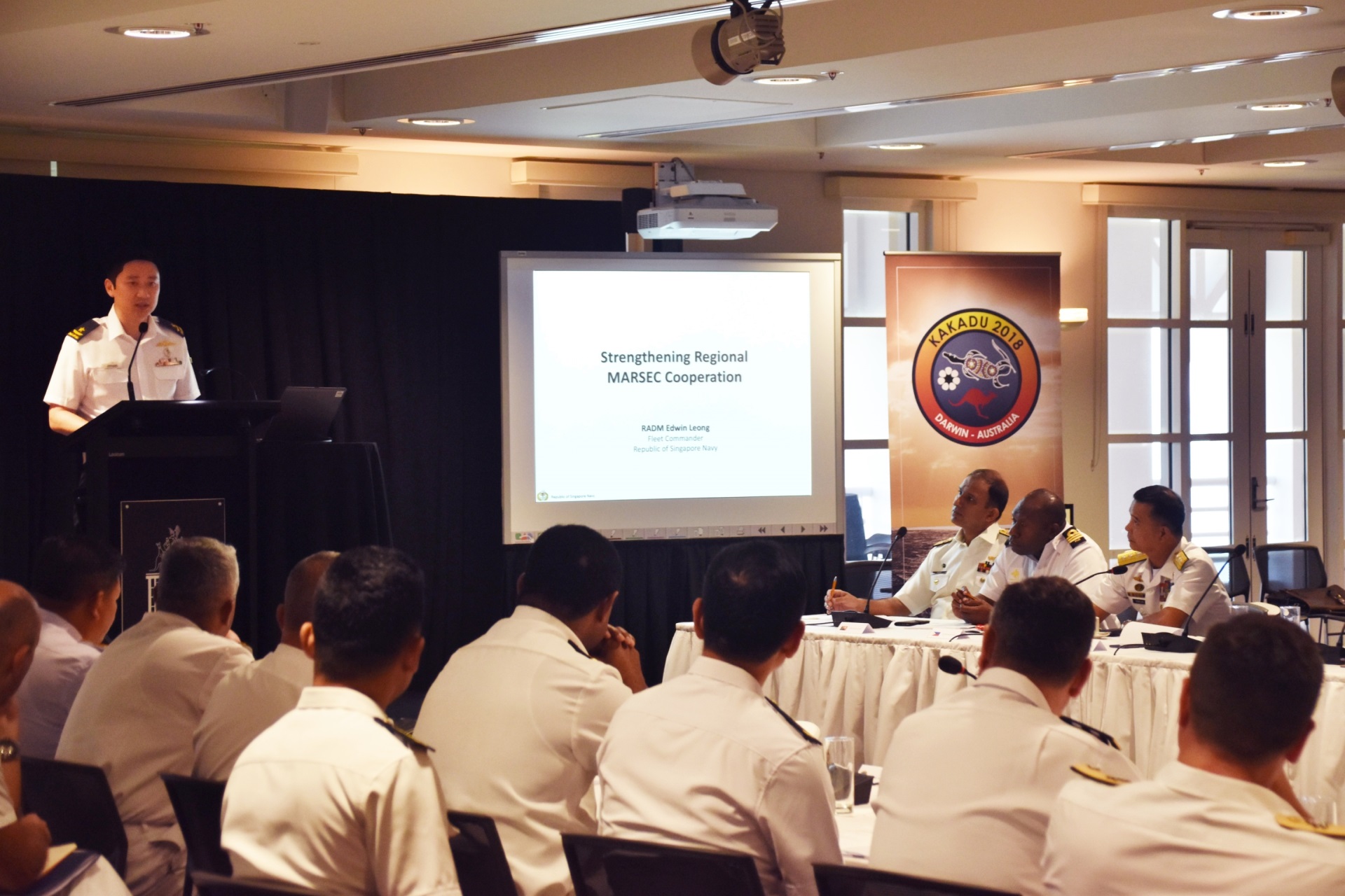 RSN Fleet Commander Rear-Admiral (RADM) Edwin Leong sharing best practices for strengthening regional cooperation in the maritime domain during the Fleet Commanders' Conference on 1 September 2018.