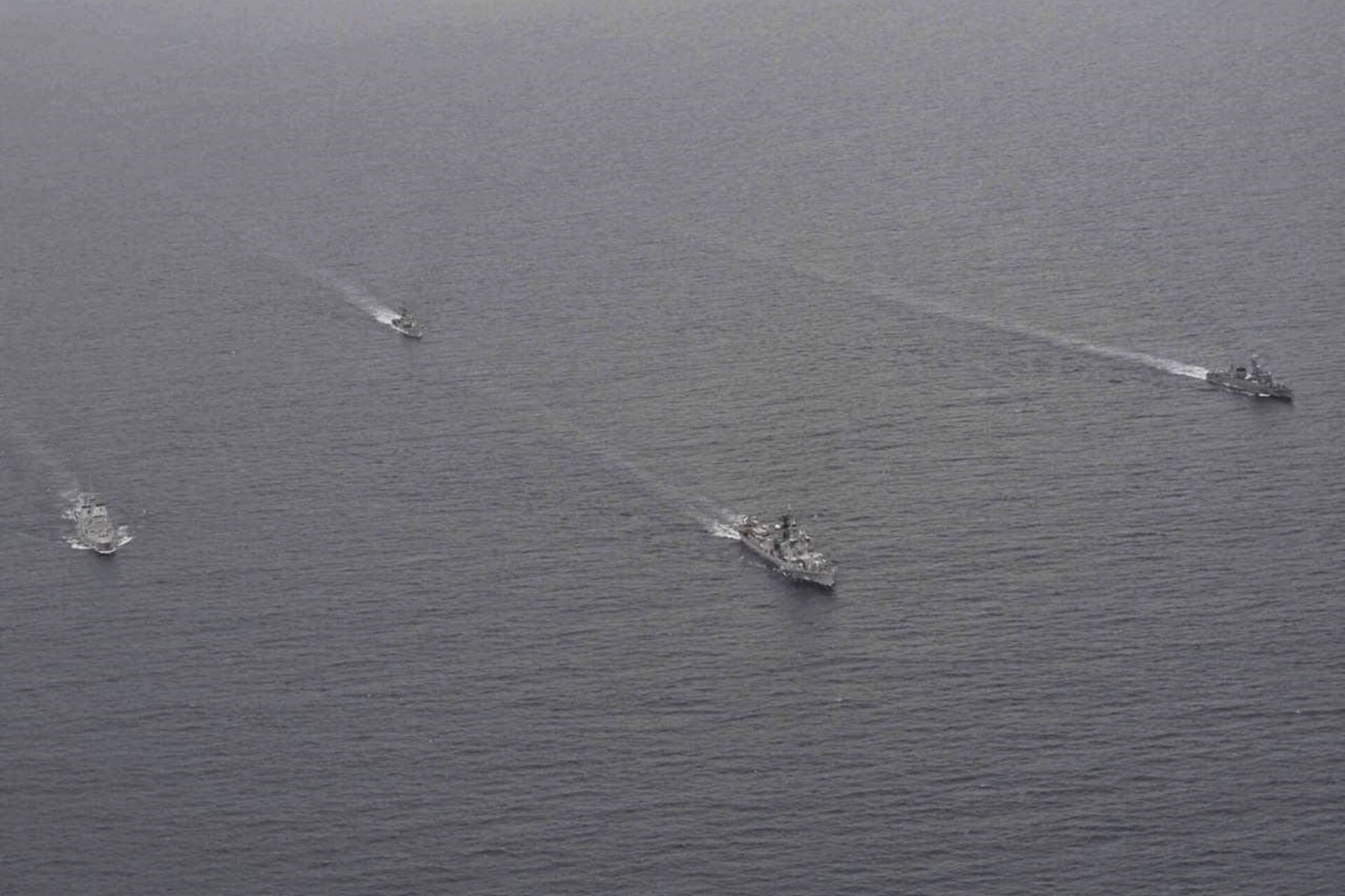 The Singapore, Indian and Thai navies conducting manoeuvring exercises in the Andaman Sea.
