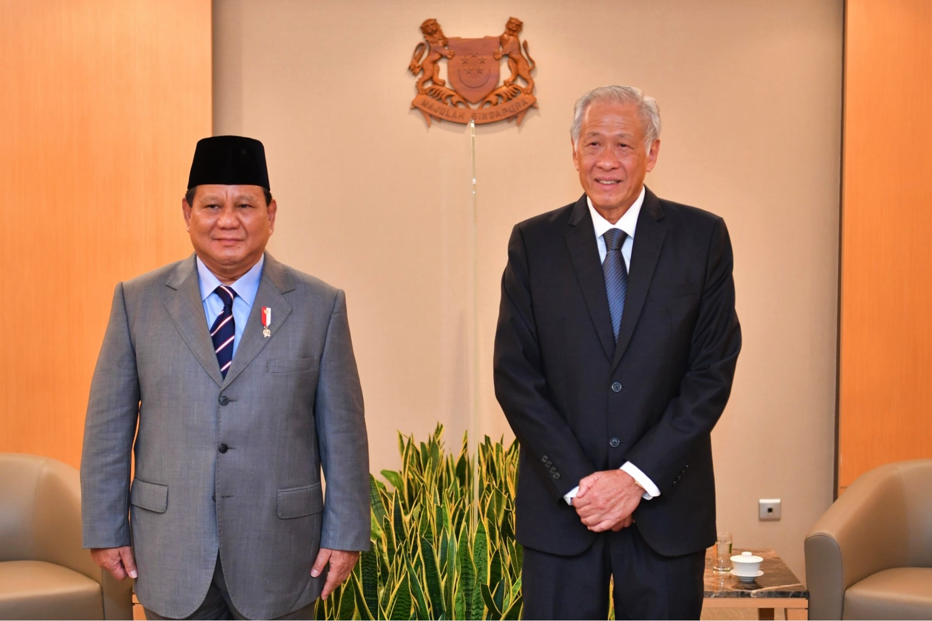 Indonesian Defence Minister Prabowo Subianto calling on Minister for Defence Dr Ng Eng Hen at the Ministry of Defence (MINDEF) this morning.