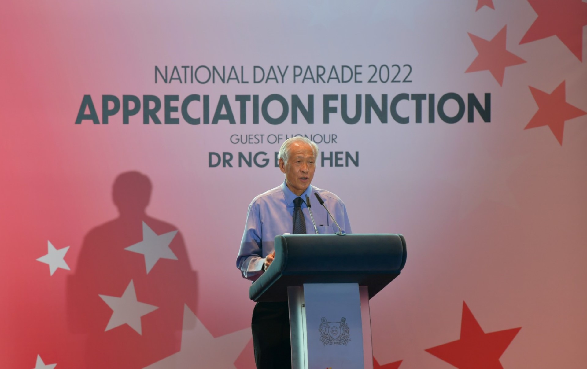 Minister for Defence Dr Ng Eng Hen delivering a speech during the National Day Parade (NDP) 2022 Appreciation Function this afternoon.