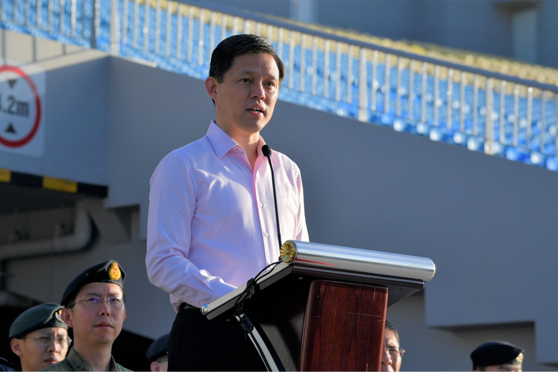 Minister for Trade and Industry Mr Chan Chun Sing giving a speech at the Total Defence Day Commemoration Event. 