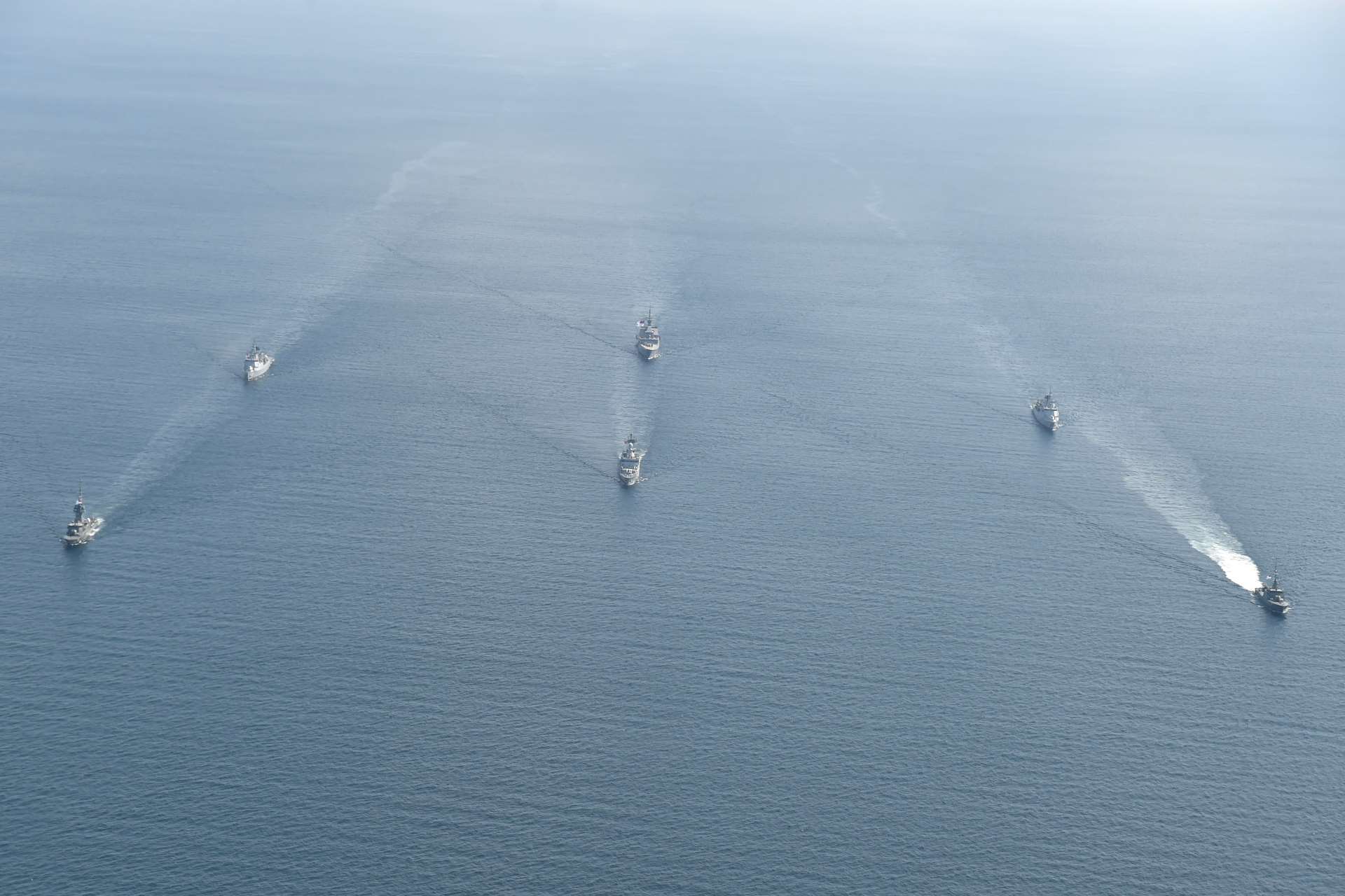 Republic of Singapore Navy (RSN) and Royal Malaysian Navy (RMN) ships sailing in formation as part of Exercise Malapura 2018.