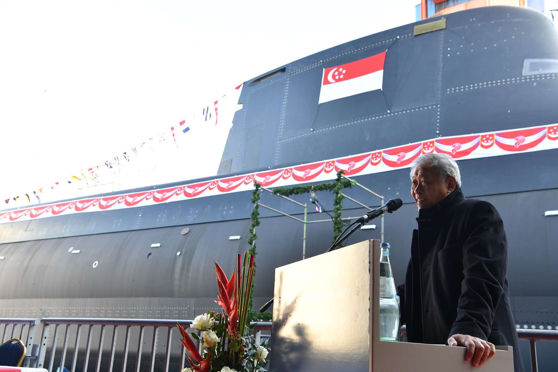 Minister for Defence Dr Ng Eng Hen delivering the address at the launch of the Republic of Singapore Navy's first customised submarine, Invincible.