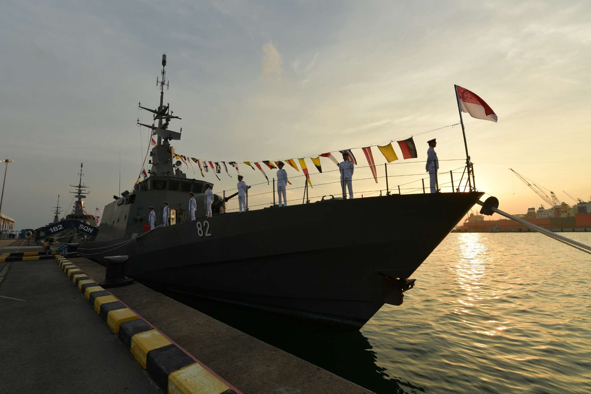 RSN Patrol Vessels RSS Resilience (foreground) and RSS Daring (background) at the decommissioning ceremony in Tuas Naval Base.