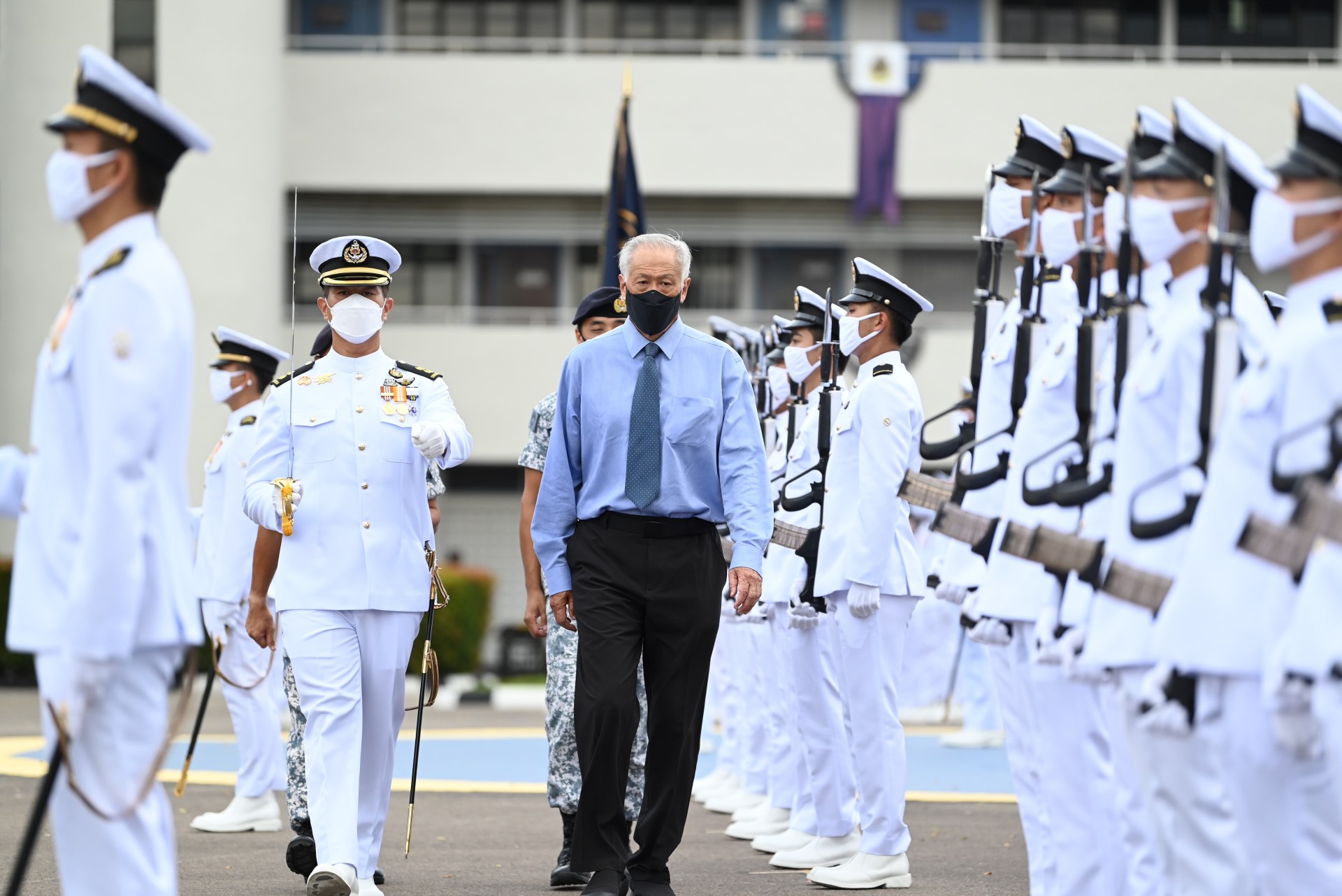 Minister for Defence Dr Ng Eng Hen inspecting the contingents on parade at the Naval Diving Unit 50th Anniversary parade at Sembawang Camp this evening.