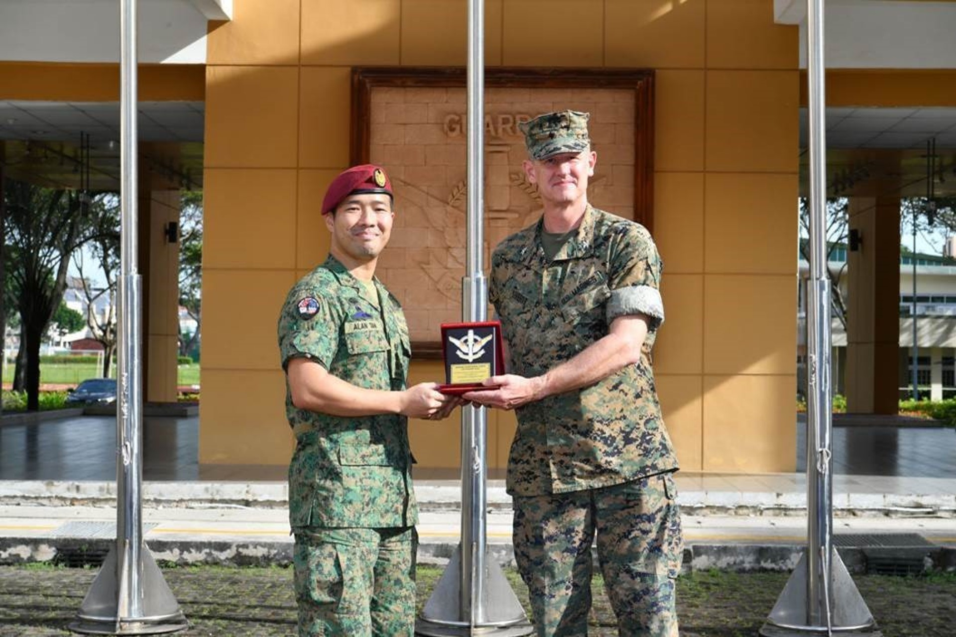 Commander 7th Singapore Infantry Brigade (7 SIB), Colonel (COL) Alan Tan (left) and Commanding Officer of the Marine Rotational Force Southeast Asia, I Marine Expeditionary Force (MEF), COL Thomas Siverts co-officated the closing ceremony at Bedok Camp this morning.