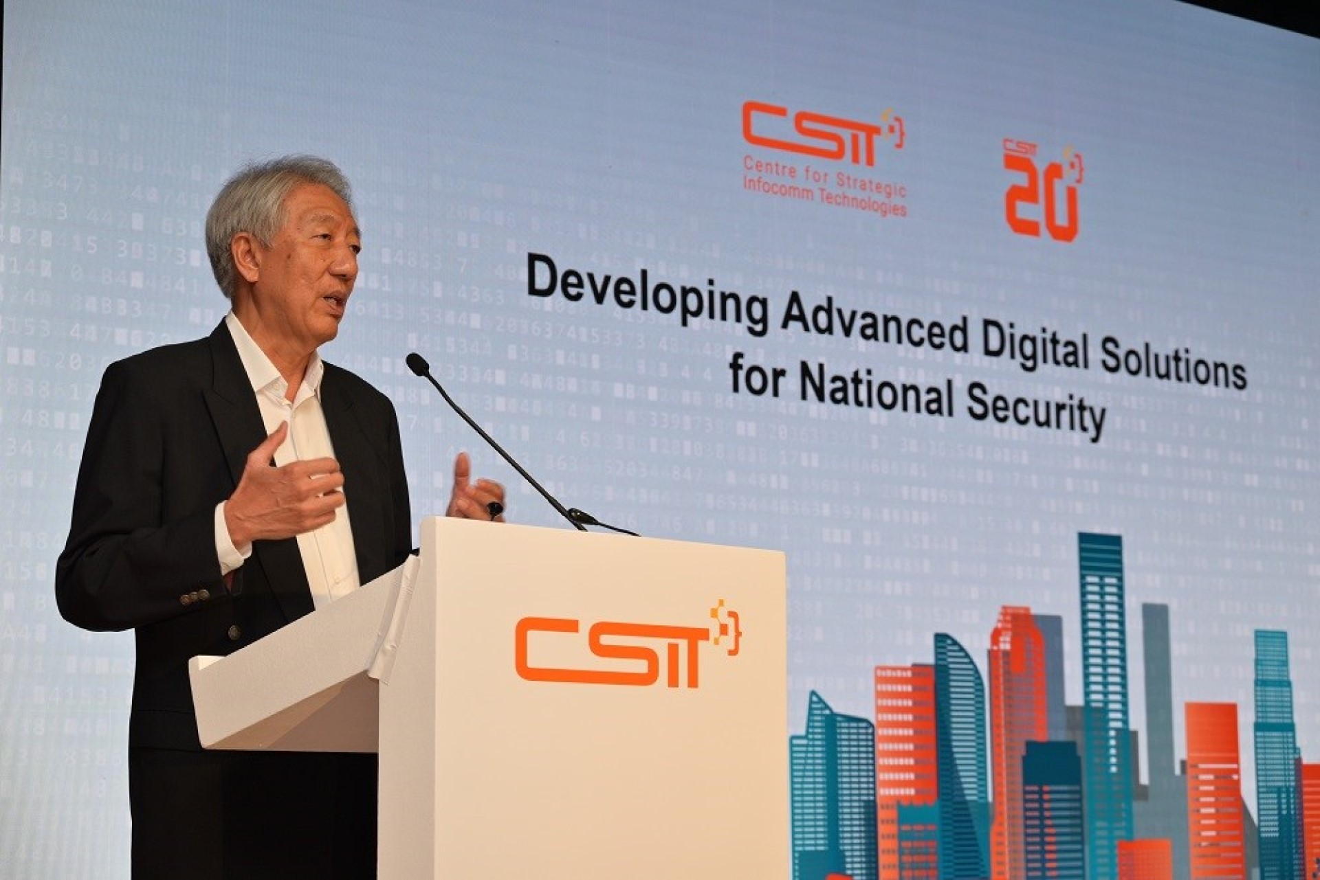 Senior Minister and Coordinating Minister for National Security Mr Teo Chee Hean delivering his speech at the Centre of Strategic Infocomm Technologies (CSIT) 20th anniversary celebrations earlier today. 