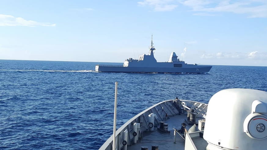 KRI Diponegoro (foreground) and RSS Tenacious conducting naval manoeuvres during the exercise.