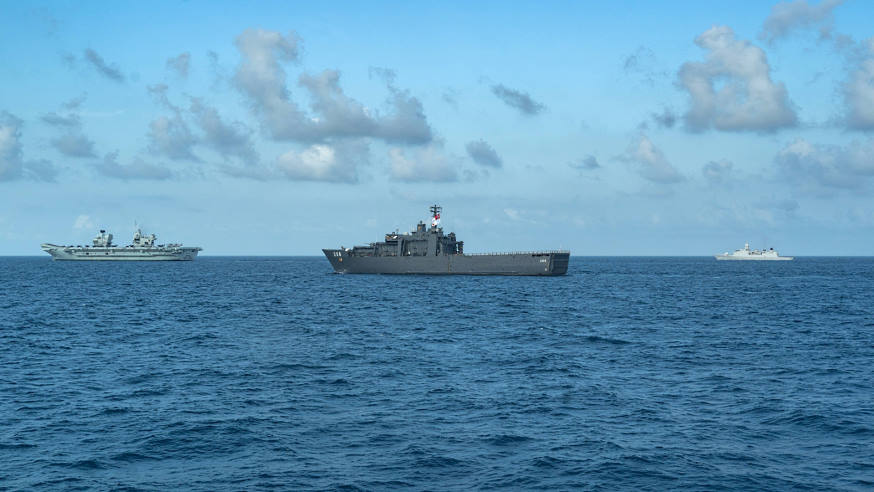 Formed up during the PHOTOEX. From left to right: HMS Queen Elizabeth, RSS Resolution, and HNLMS Evertsen.