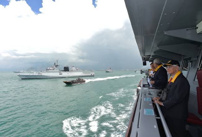 President Tony Tan on board RSS Independence, for the sea review of warships.