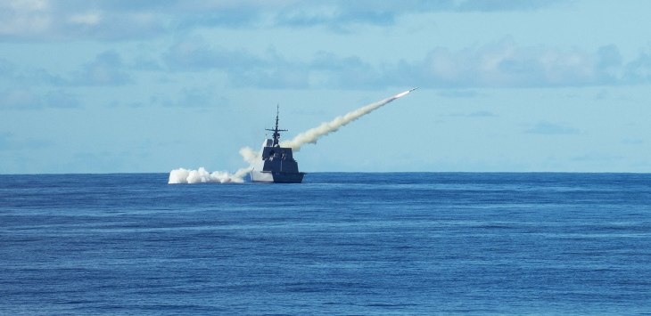 The Republic of Singapore Navy (RSN) frigate RSS Intrepid firing a Harpoon anti-ship missile in the waters off Guam during Ex Pacific Griffin 2019.
