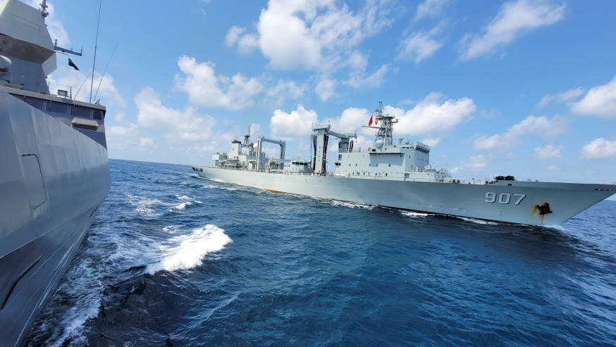 RSS Supreme (left) conducting an approach to PLA(N)'s Luomahu for a Replenishment-at-Sea drill.