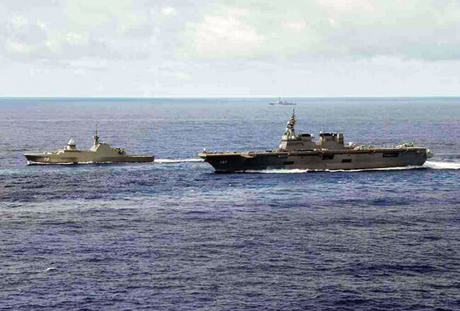 RSS Steadfast leading a multinational group sail from Okinawa, Japan to Hawaii for the Rim of the Pacific Exercise.