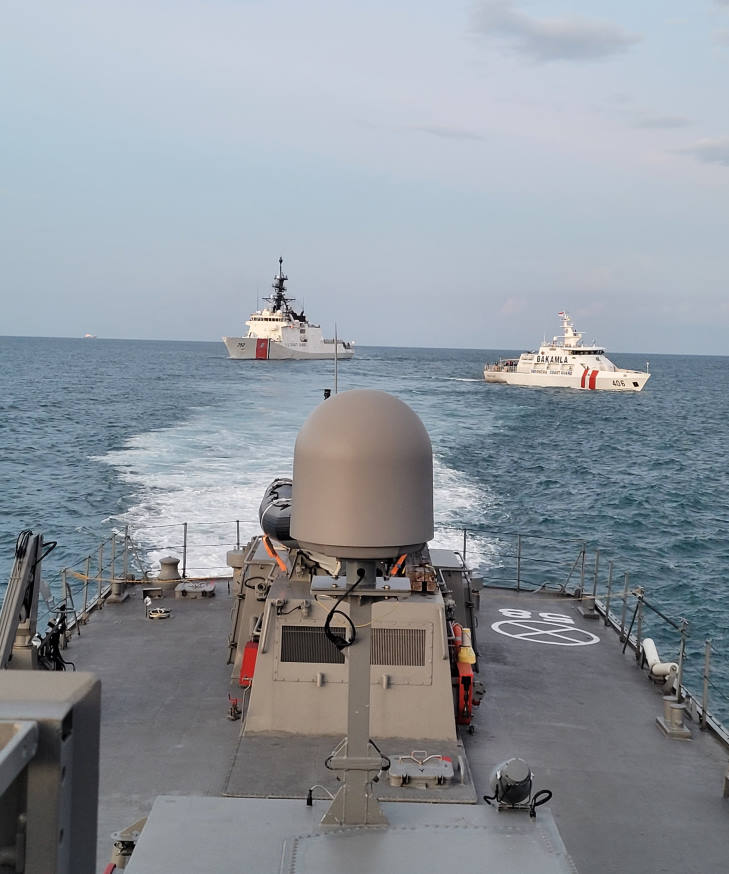 "Standby, Standby, Execute!" MSRV Bastion (foreground) working with our partners USCGC Stratton (background) and KN Belut Laut (right) to execute the signals promulgated during the manoeuvring exercise.