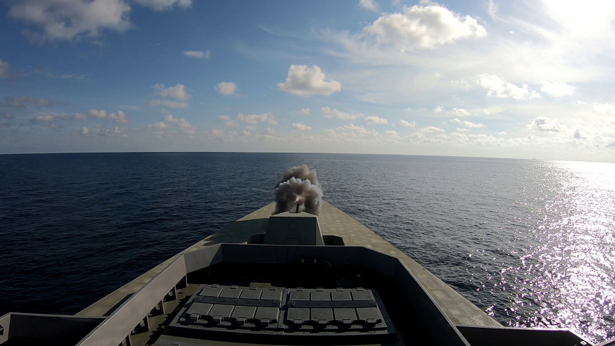 "Engage target with main gun!" Both RSS Steadfast and USS Gabrielle Giffords conducted large-calibre gun firings out at sea.