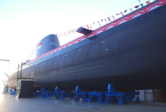 RSS Invincible at the launch ceremony at the thyssenkrupp Marine Systems Shipyard in Kiel, Germany.