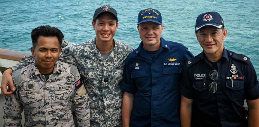 To enhance interaction, sea riders from the different agencies sailed on board both USCGC Bertholf (pictured here with Commanding Officer, CAPT William L. Mees) and MSRV Guardian during the sea phase of the exercise.
