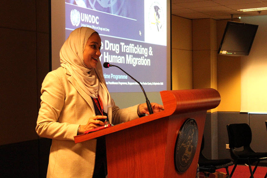 Dr. Asyura Salleh, Programme Support Officer at the Global Maritime Crime Programme from the United Nations Office on Drugs and Crime (UNODC), shared ways to counter maritime drug trafficking and irregular human migration.