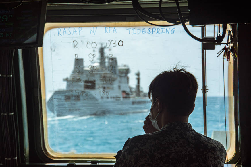 Standby… mark! Bearing 025! Lateral 120 metres.” RSS Intrepid preparing for a Replenish-at-Sea Approach with RFA Tidespring.