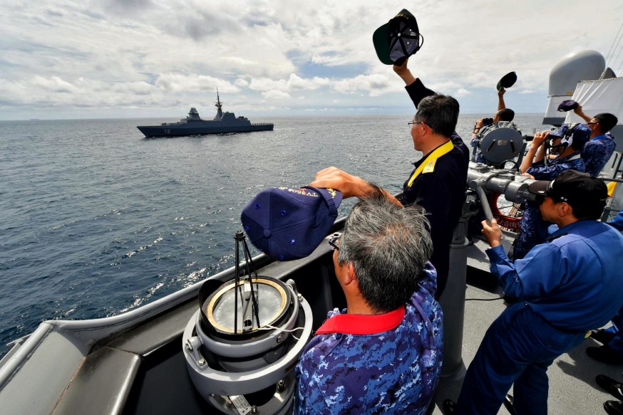 Our friends from JS Kashima waving to us during the farewell sailpast! Fair Winds and Following Seas - have a safe journey onwards! (Photo courtesy of 防衛省　海上自衛隊　(Japan Maritime Self-Defense Force)