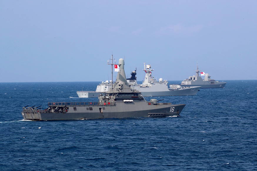 (From left to right) RSN's RSS Sovereignty, PLA(N)'s Zaozhuang and RSN's RSS Intrepid during the conduct of the simulated joint search and rescue exercise. (Photo courtesy of People’s Liberation Army (Navy))